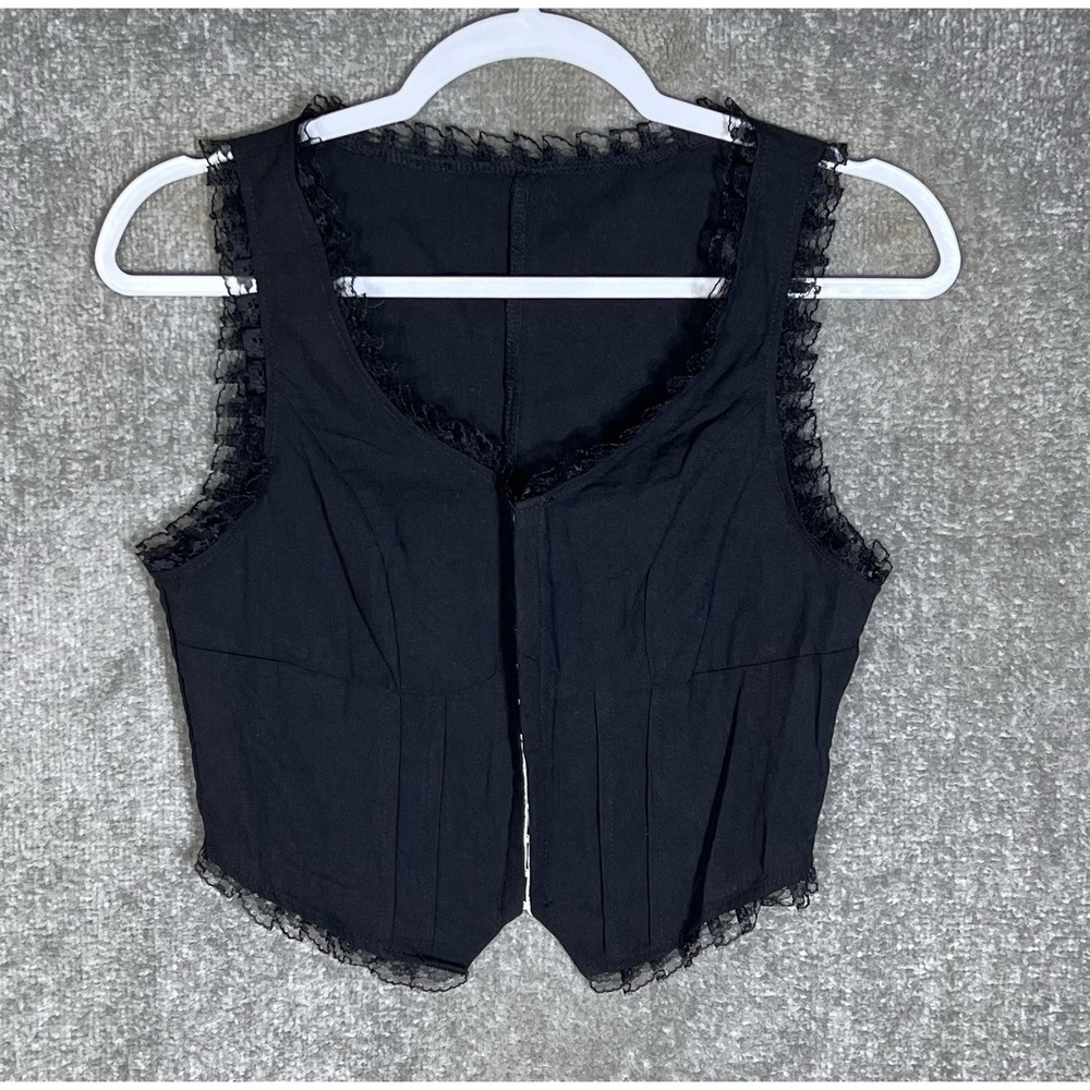 Whimsigoth Lace Trim Corset Crop Top Womens Size Small Black Scoop Neck Witchy
